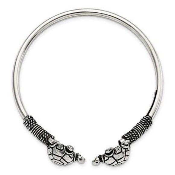 Sterling Silver Polished Antiqued Turtle Flexible Bangle - Picture 2 of 4
